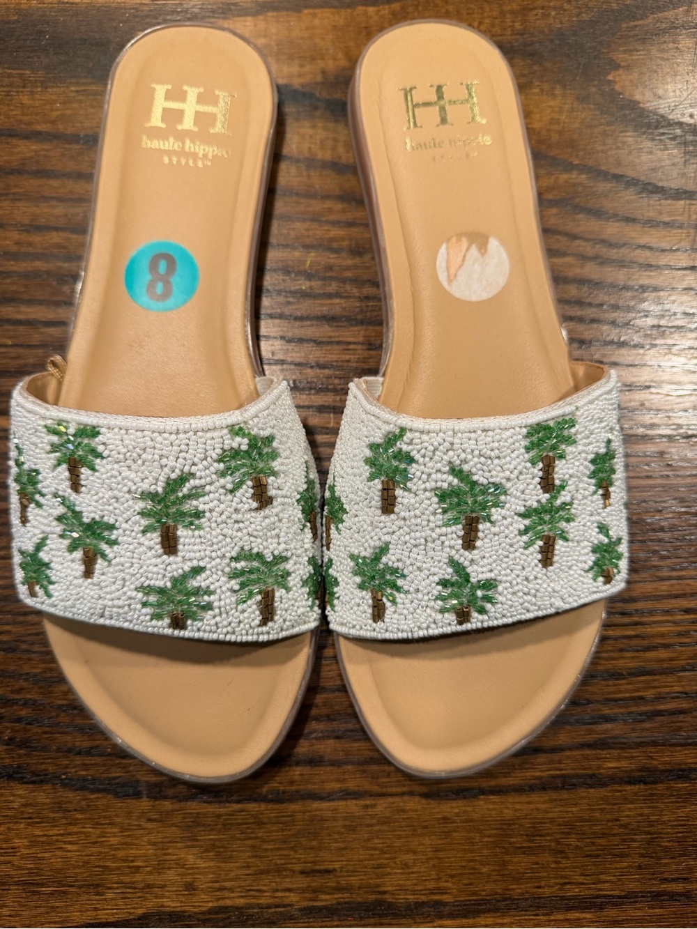 Haute Hippie White Beaded Palm Tree Slide Mules with Tan Footbed